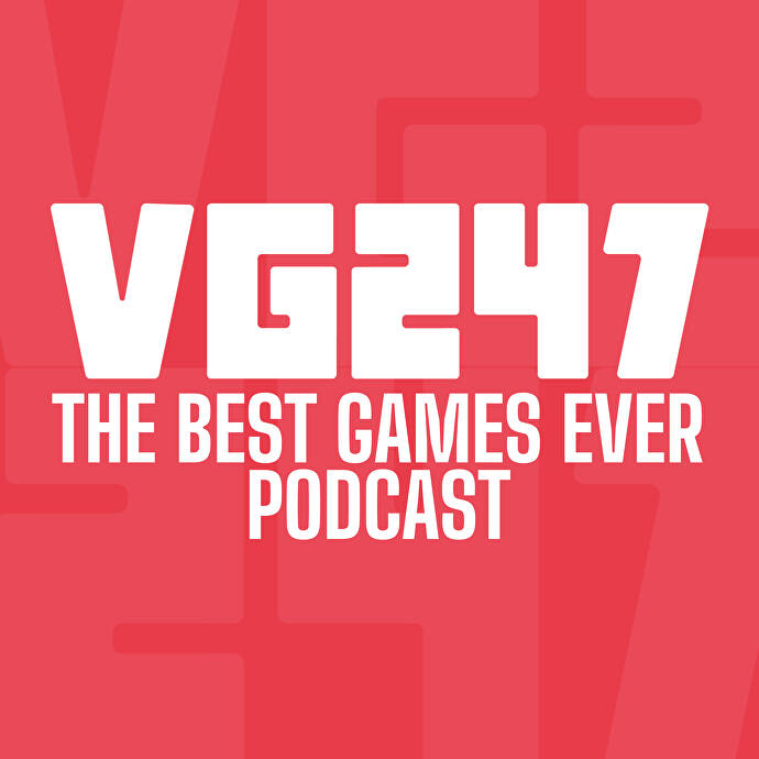 Logo for VG247's Best Games Ever Podcast. White text on red background.