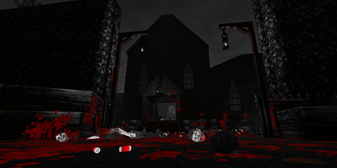 Heads and other body limbs lie on a blood-splattered floor in a dark village in Coven