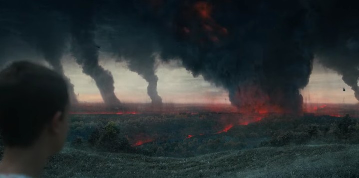 A daytime view of the destruction in Hawkins, Indiana, from the end of Stranger Things season 4.