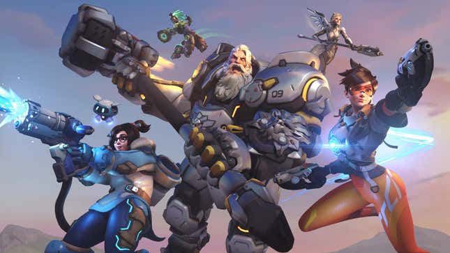 Overwatch characters wield their weapons and look ready to charge into battle. 