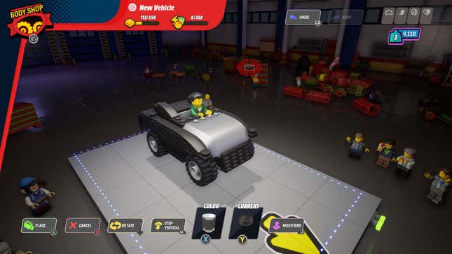 A screenshot shows a player building a car in Lego 2K Drive.