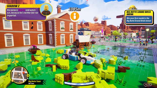 A screenshot shows a robot cowboy driving a race car in a Lego city. 