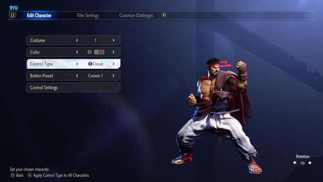 A menu shows Ryu standing next to options for Costume, Color, Control Type, Button Preset, and Control Settings.