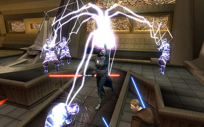 A Jedi strikes several enemies with lightning in Star Wars: The Knights Of The Old Republic II