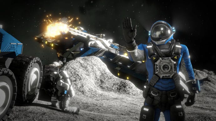 An astronaut waves their hand on a moon surface in Space Engineers
