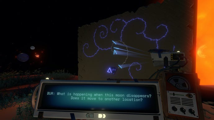 First-person view of a translator tool scanning an alien language in Outer Wilds