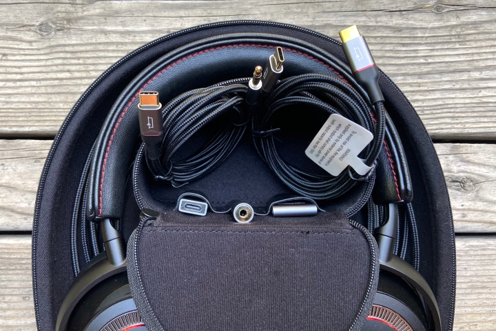 Mark Levinson No. 5909 headphones' carry case, open, showing accessories.