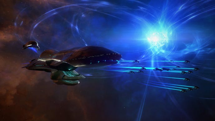 Several small space ships fly alongside a large space ship in Endless Space 2
