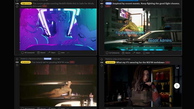 Censored examples of NSFW posts found on the Cyberpunk 2077 subreddit.