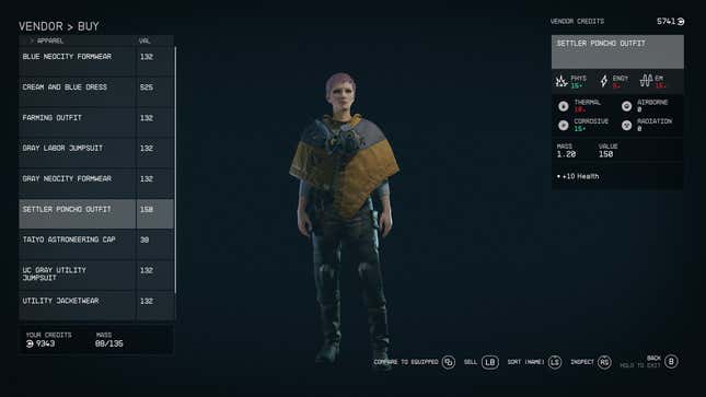 A screenshot of a Starfield in-game menu that shows the player-character wearing an outfit called 'Settler Poncho Outfit.' There are stats for the outfit in the top right corner. 
