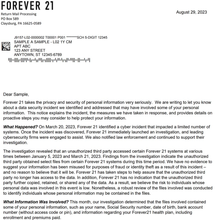 letter forever 21 suffers security incident leading to employee data breach