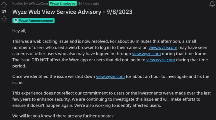 advisory wyze web portal shows other peoples cameras security incident