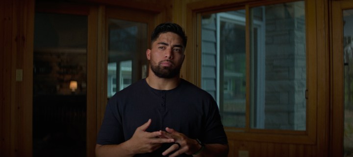 Manti Te'o sits in front of the camera in Untold.