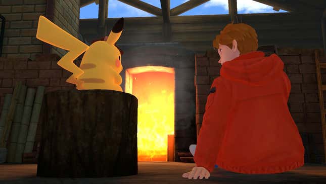 Detective Pikachu sits with Tim in front of a fire.