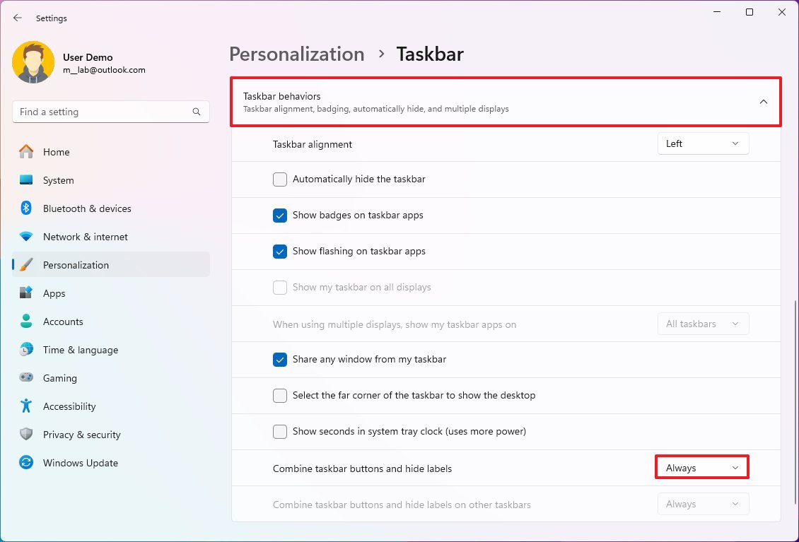 Taskbar always combine buttons