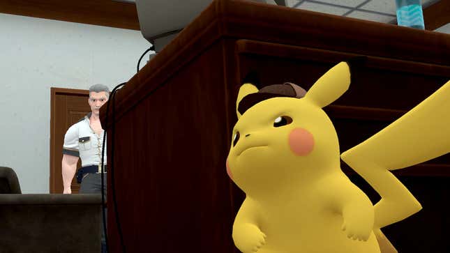 Detective Pikachu hides while listening in on a suspect.