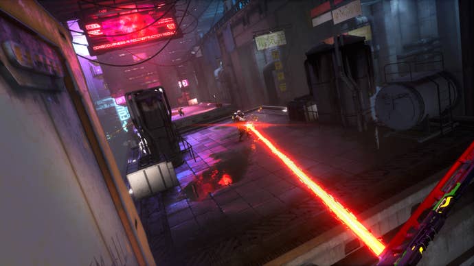 A laser is fired from the player POV at an enemy, as the player character is wallrunning, in Ghostrunner 2.