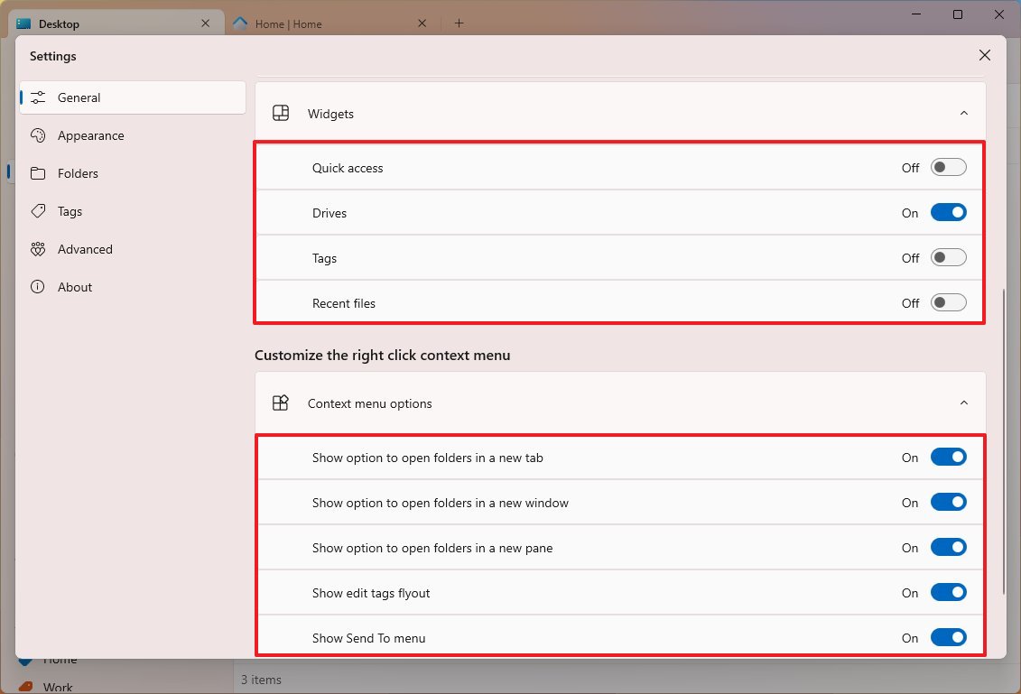 Files app home and context menu settings