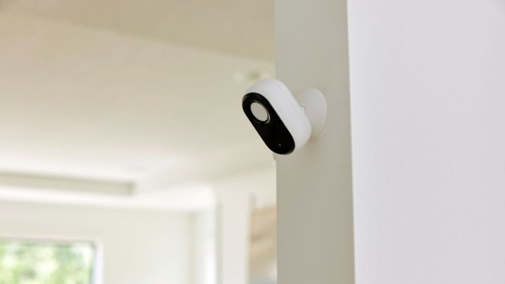 The Arlo Essential Indoor Camera (Gen 2) with the Privacy Shield enabled.