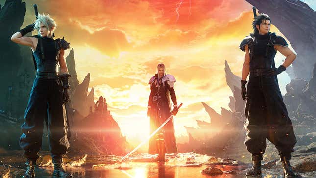 Cloud and Zack stand on either side of Sephiroth in this FF7 Rebirth Key Art