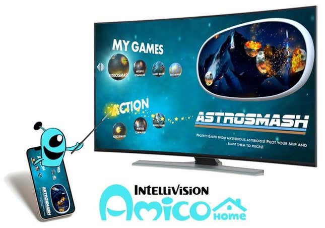 A cartoon alien sticks out of a phone and points at a monitor showing Amico Home.
