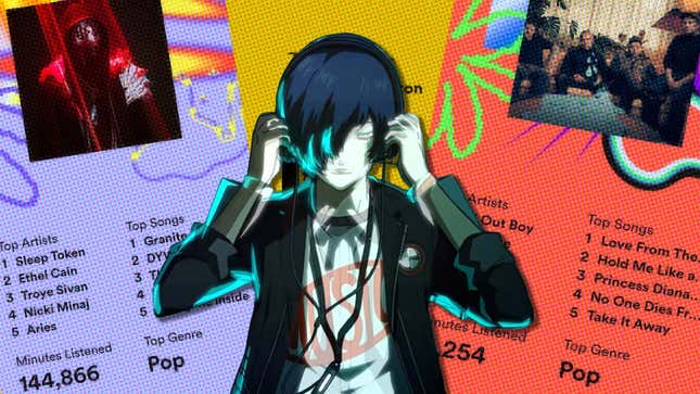 Makoto Yuki puts on headphones with Spotify Wrapped cards in the background.