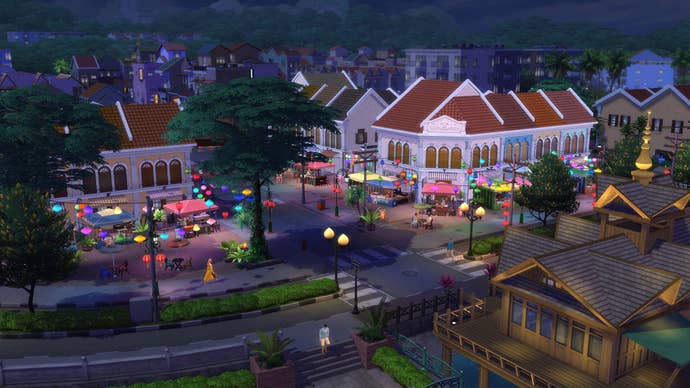 The Sims 4's new world of Tomarang at night.