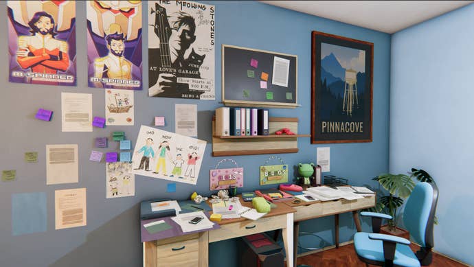 A teenager's room in House Flipper 2; band posters on the wall, superhero posters, and lots of stationary sat on a desk, with post-its all over the walls.