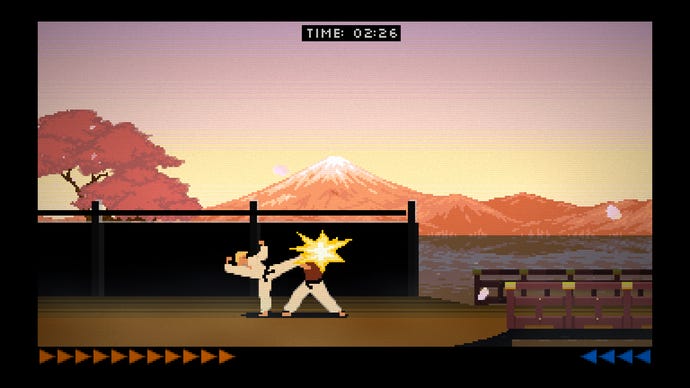 A pixellated fighter kicks their opponent in the head in Karateka Remastered gameplay