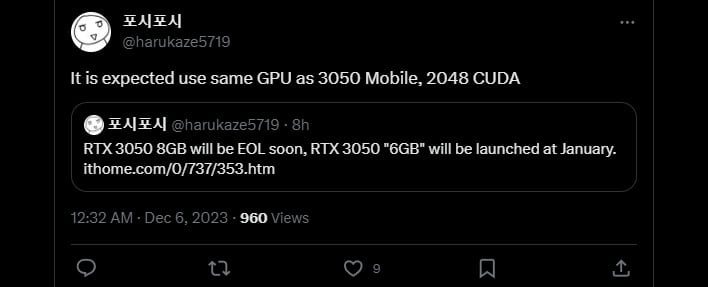 Twitter/X post on the GeForce RTX 3050 rumor.