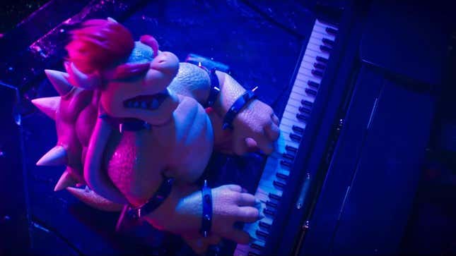 Bowser plays piano and sings.