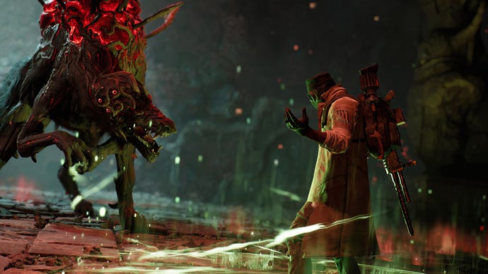 A player faces off against a dog-like alien in Remnant 2.