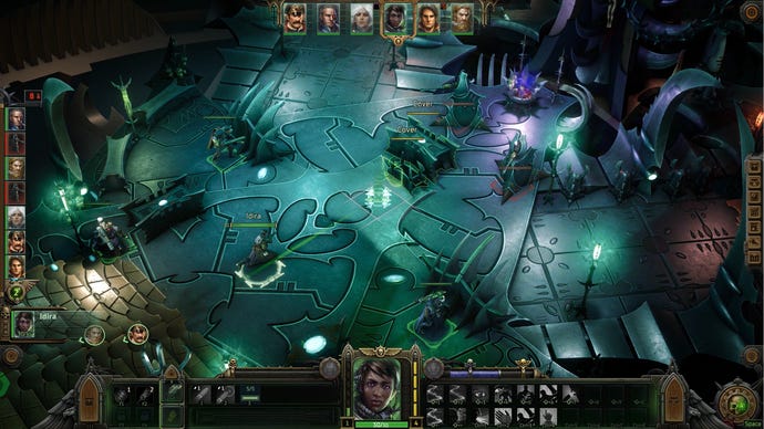 A battle in Warhammer 40,000: Rogue Trader, set in a green-lit metallic interior.