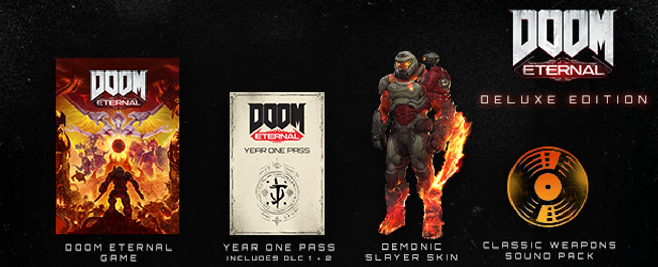A splash image showing the Doom Eternal game, season pass cover image, Demon Slayer character skin, and icon for classic weapons sound pack