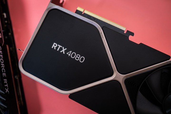 The RTX 4080 logo on a pink background.