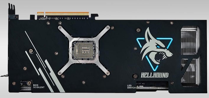 Backside of PowerColor's Hellhound Radeon RX 7900 XT on a gray gradient background.