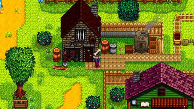 A Stardew Valley farmer standings in front of a small brick home, holding a bone over their head.