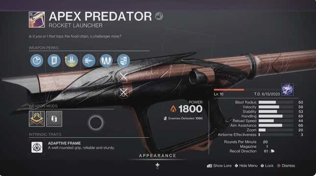 The stat screen for Apex Predator shows its perks.