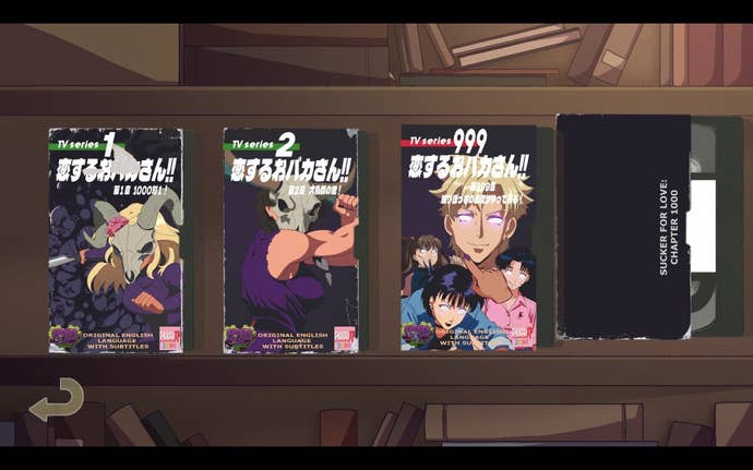 A shelf of VHS tapes with '90s anime covers, which acts as the chapter select menu in Sucker for Love: Date to Die For.