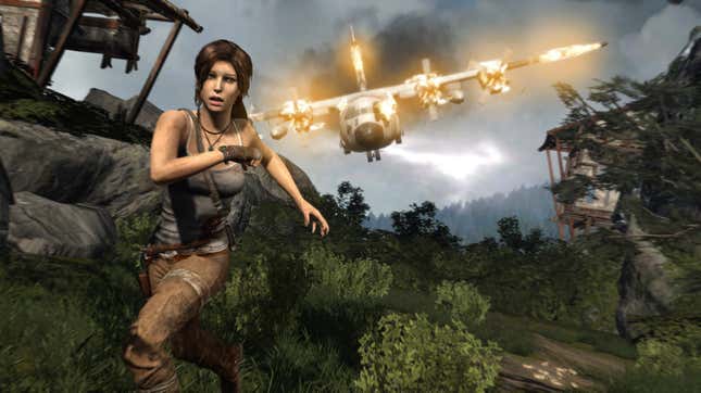 A screenshot shows a plane crashing in Tomb Raider's 2013 reboot.