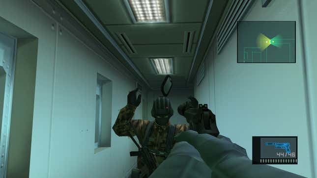 The player aims a gun at a guard's head in Metal Gear Solid 2.