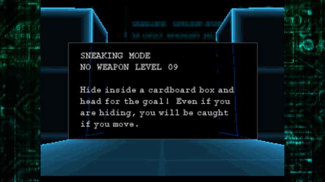 A screenshot of Metal Gear Solid VR Missions shows the description for a sneaking mission that requires the player to hide inside a cardboard box.