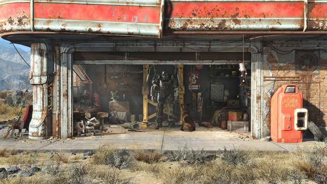 Key art of Fallout 4 that shows the series' Power Armor at a workshop set up in a garage.
